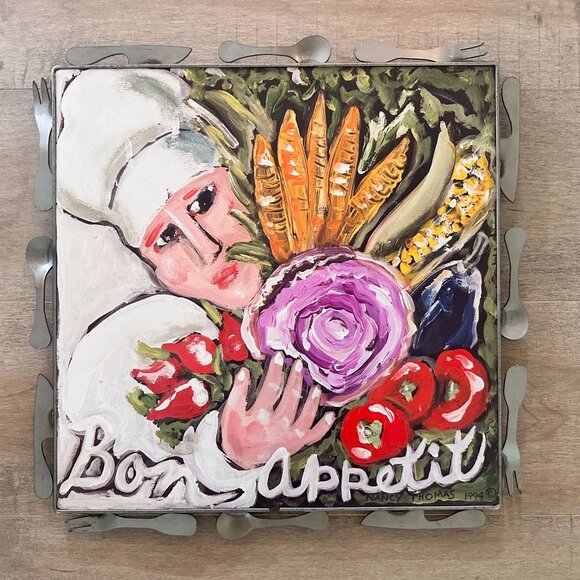 Vtg 1994 Nancy Thomas Bon Appetit Framed Artwork 17 x 17 - Picture 1 of 5
